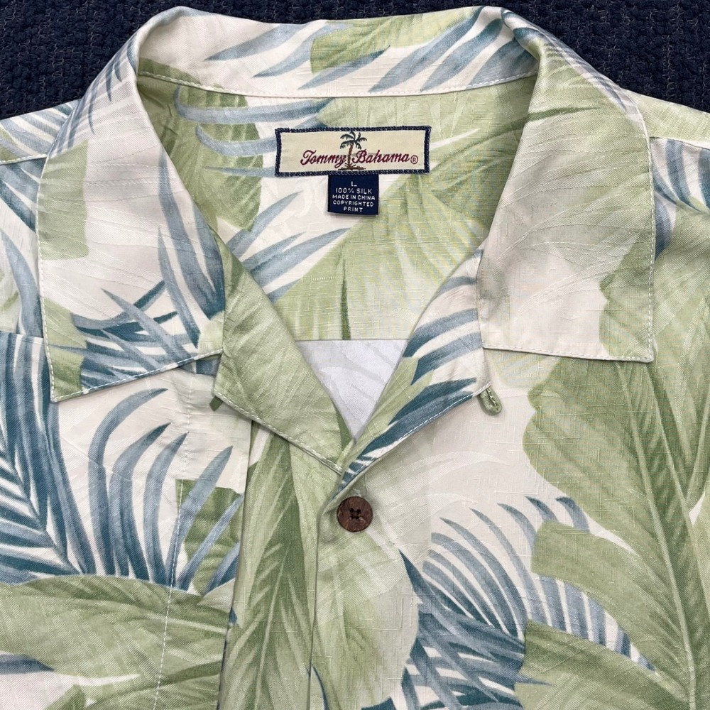 Tommy Bahama Mens Large 100% Silk Palm Leaf Print Camp Shirt Green Blue Tropical